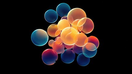 Wall Mural - A cluster of glowing neon bubbles floating against a deep black background, creating a stunning, modern design with vibrant colors and sharp contrast