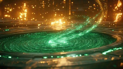 Poster - A dynamic scene with green holographic data waves spiraling towards a glowing platform, conveying a sense of digital movement and tech-driven energy