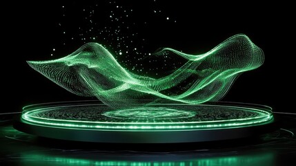 Poster - A dynamic scene with green holographic data waves spiraling towards a glowing platform, conveying a sense of digital movement and tech-driven energy