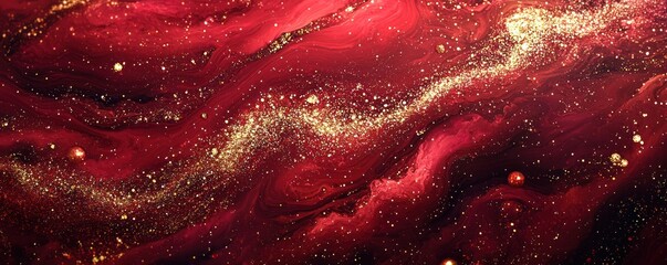 Wall Mural - red liquid mixed with golden glitters creates an otherworldly effect, as magical dust swirls in a bu