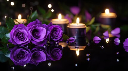 Wall Mural - A tranquil funeral setting with vibrant purple roses and glowing candles arranged on a reflective black surface, exuding calmness and remembrance