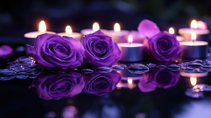 Wall Mural - A tranquil funeral setting with vibrant purple roses and glowing candles arranged on a reflective black surface, exuding calmness and remembrance