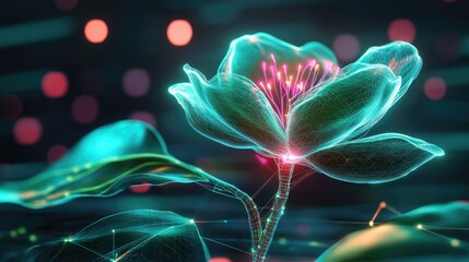 Wall Mural - Abstract cybernetic flower design with neon petals and a glowing wireframe stem, combining futuristic tech and nature in a vibrant holographic look