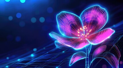 Poster - Abstract cybernetic flower design with neon petals and a glowing wireframe stem, combining futuristic tech and nature in a vibrant holographic look