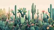 © Sinechana - 33.Repeating design of a lush cactus forest with a variety of species, showcasing vibrant green tones, detailed spines, and small blossoms, arranged against a soft pastel backdrop.