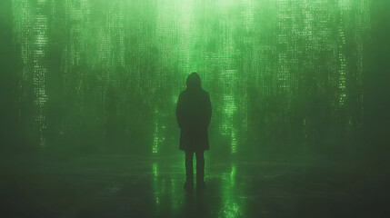 Cloaked Figure Before Walls of Encrypted Binary Data in a Dimly Lit Digital Space Environment