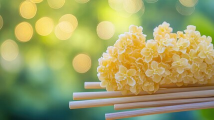 Wall Mural - Bright yellow flowers arranged in a beautiful display, set against a gentle green and golden bokeh background, evoking warmth and tranquility in midday light