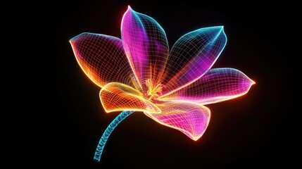 Poster - Digital holographic flower with glowing neon petals, a cybernetic bloom design with a glowing wireframe stem, merging nature and technology x