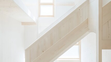 Sticker - A clean white staircase in a minimalist home with natural wooden accents.