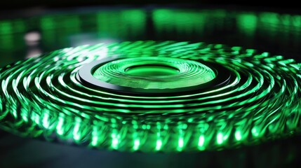 Wall Mural - Vibrant green holographic waves spiraling in towards a futuristic circular platform, symbolizing the digital world and technological advancement