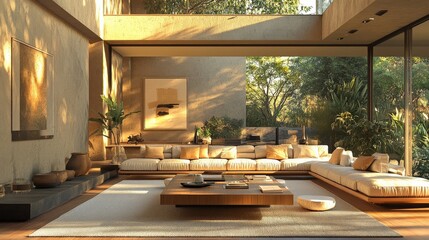 Poster - Sun-Kissed Tranquility, A Luxurious Modern Living Room Blurring the Lines Between Indoors and Nature's Embrace