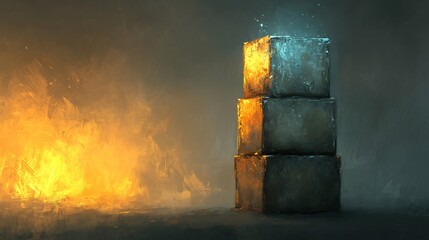 Wall Mural - Mystical stone cubes glow subtly amidst fiery orange flames a dramatic contrast. AI Generated