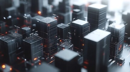 Wall Mural - Futuristic Cityscape Gleaming Dark Steel Towers Orange Data Streams. AI Generated