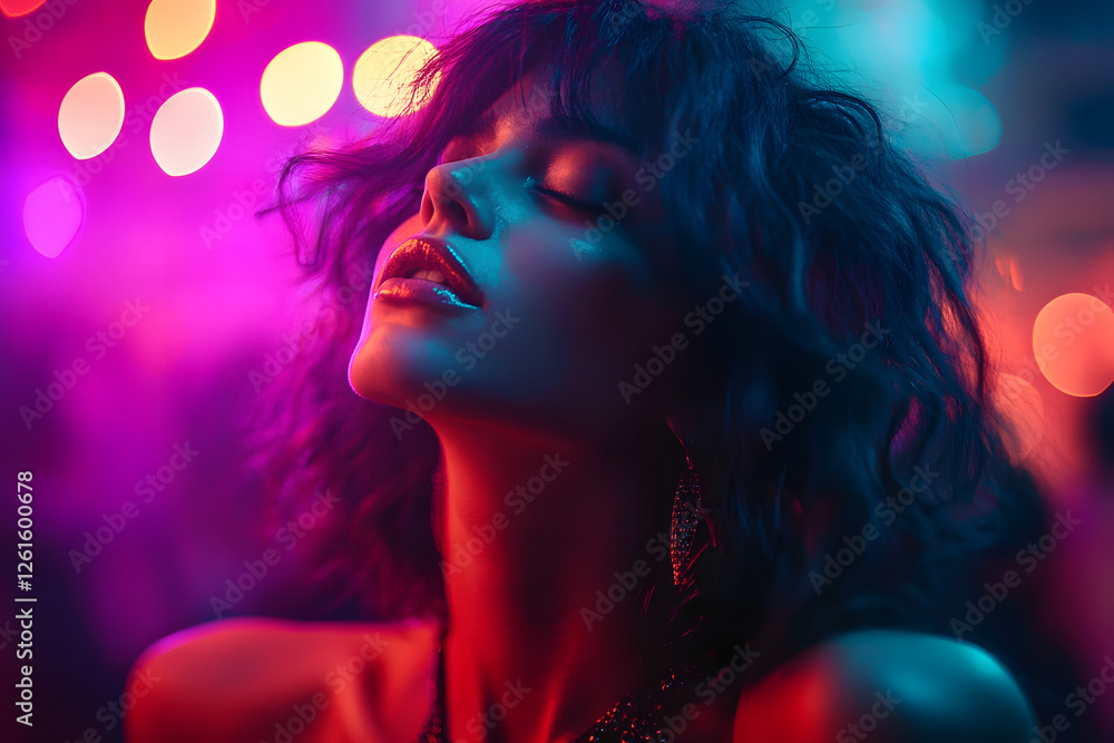Generative AI image of a person in a vibrant nightclub with neon lights ...