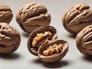 Wall Mural - Walnuts in their shells, some cracked open revealing the kernels