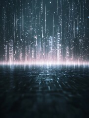 Poster - A dynamic 3D holographic cityscape image showcasing modern urban architecture and vibrant visuals.