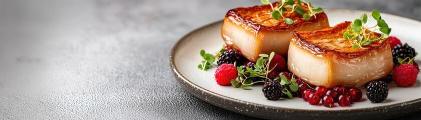 A beautifully plated dish featuring two golden-brown scallops garnished with herbs and surrounded by a colorful assortment of berries.