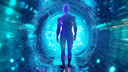 Person walking through digital tunnel with glowing neon circles. Abstract futuristic corridor with purple and blue lights. Metaverse and virtual reality concept