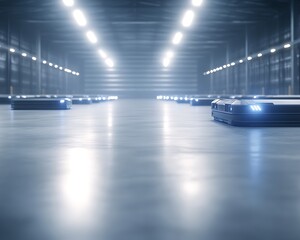 Poster - A futuristic smart warehouse featuring self-driving robots for automated logistics and storage solutions.