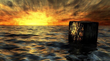 Wall Mural - Fiery sunset illuminates dark cube floating serenely on restless ocean waves. AI Generated