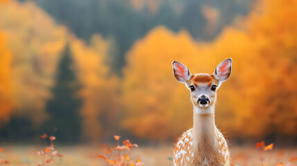 Wall Mural - Fawn in autumn forest, looking at camera, blurred background, nature wallpaper