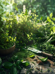 Wall Mural - A serene arrangement of fresh herbs and a knife, highlighting nature's bounty.