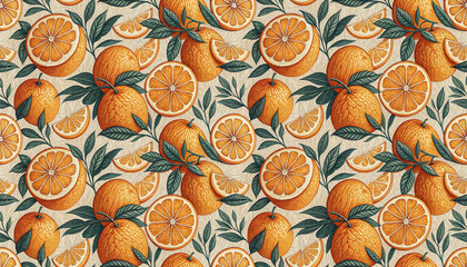 Hand drawn colorful oranges fruit citrus slices seamless pattern summer background