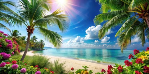 Wall Mural - A serene beach scene with swaying palm trees and a calm sea on a bright sunny day, surrounded by lush greenery and vibrant tropical flowers , paradise, scenic view