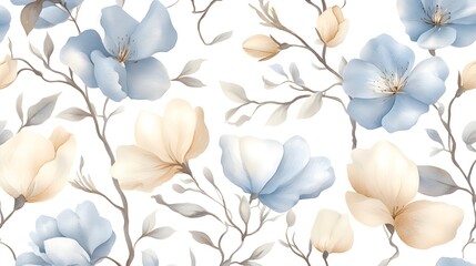 Wall Mural - Elegant floral pattern features soft blue and cream watercolor flowers