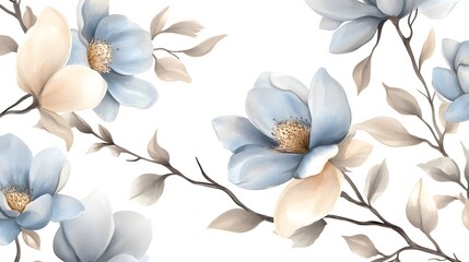 Wall Mural - Watercolor painting features delicate blue and beige magnolia flower blossoms