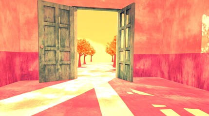 Wall Mural - Open Door Warm Light Pathway Vibrant Pink Walls. AI Generated