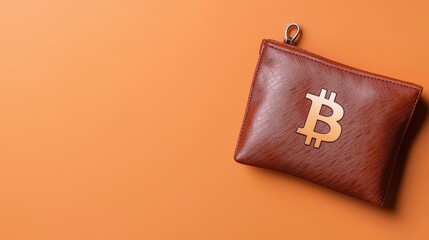 Wall Mural - A stylish brown wallet featuring a prominent Bitcoin logo on an orange background, symbolizing cryptocurrency and digital finance.