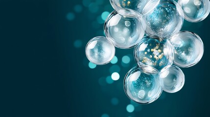 Wall Mural - Shimmering glass orbs gracefully cascade against a teal backdrop illuminated by soft bokeh lights. AI Generated