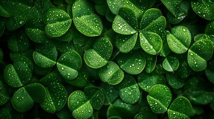 Wall Mural - Lush green clovers covered in tiny water droplets glisten