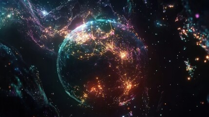 Wall Mural - digital visualization of earth with moving data lines and connection nodes glowing in space
