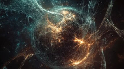 Wall Mural - digital visualization of earth with moving data lines and connection nodes glowing in space