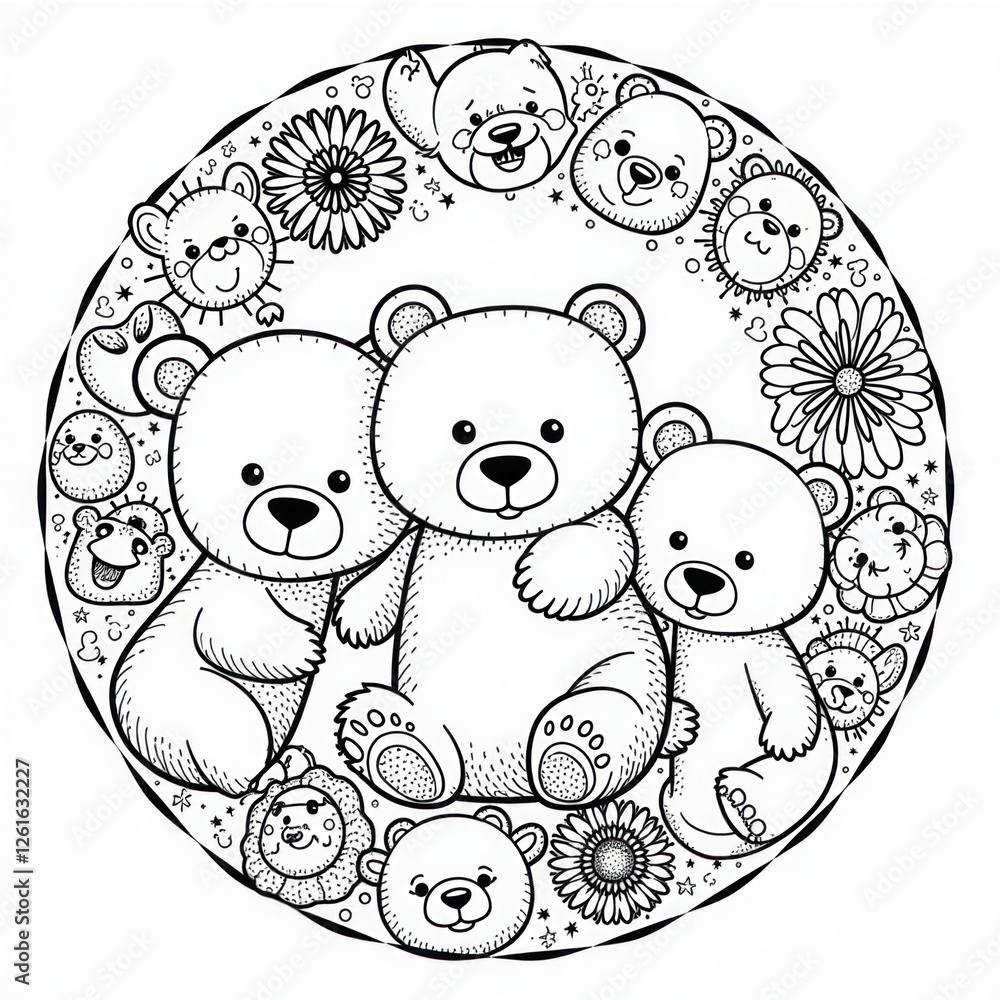 Cute Bears Doodle Mandala Coloring Page Kids Design. Perfect for ...