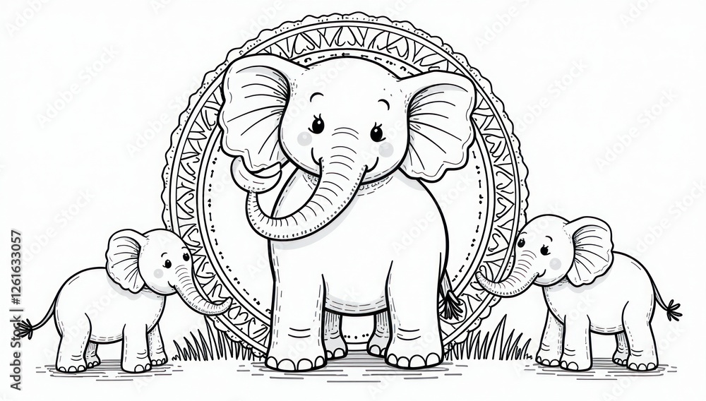 Cute Elephants Doodle Mandala Coloring Page Kids Design. Perfect for ...