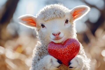 Wall Mural - Ad animal concept layout idea. Sheep - my preferred animal. Cute sheep baby with sparkling rhinestones red heart on in a natural habitat. Wildlife love connection. Loving animals. Wild love.