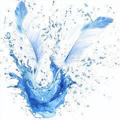 Wall Mural - Splash of Water with Feathers Against a White Background Creating a Serene and Refreshing Atmosphere