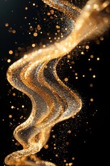 Wall Mural - whimsical stream of golden glitter blown by the wind on a black background, creating a playful and m