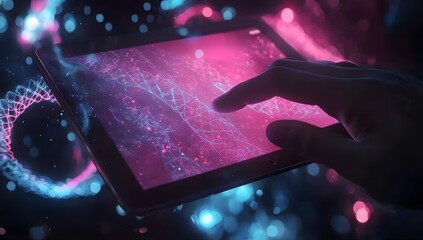 Poster - Hand interacting with futuristic tablet display; glowing circles in background