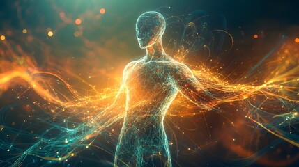 Wall Mural - Digital human form made of glowing connections and flowing energy