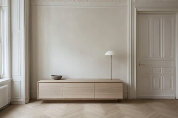 Sticker - Oak media console in minimalist apartment, herringbone floors, interior design