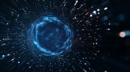 Wall Mural - Celestial Vortex: Abstract image of a swirling blue energy sphere, radiating light and particles, creating a sense of cosmic movement and mystery.