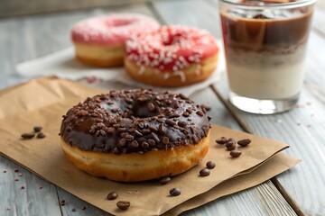 Wall Mural - Delicious chocolate donut with coffee beans sprinkles and iced coffee food dark cafe milk sweet sugar