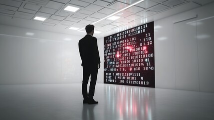 Businessman views glowing binary code in modern space