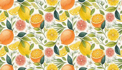 Hand drawn watercolor colorful lemon fruit citrus slices, leaf seamless pattern summer background