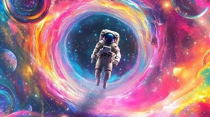 Astronaut is floating in a colorful swirling space portal