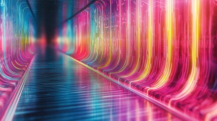 Wall Mural - Abstract Neon Lights Corridor Vibrant Pink Blue and Yellow Glowing Lines Futuristic Digital Tunnel